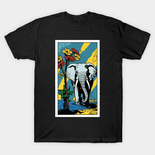 Elephant Vibrant Tropical Flower Tall Retro Vintage Digital Pop Art Portrait T-Shirt by ArtHouseFlunky